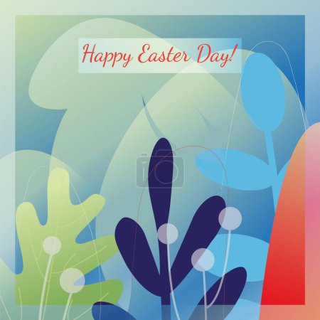 Happy Easter greeting card spring illustration. Easter design with typography, eggs colorful gradient. Field with eggs for easter hunt. Modern minimal style