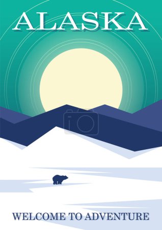 Willkommen auf Alaska Reiseplakat. USA Thema, Winterlandschaft mit weißen Gipfeln Illustration. Modernes Poster mit gefrorenen Bergen und Nordlicht, minimalistisches Wanddekor. Vektorgrafik der Antarktis