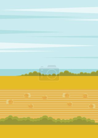 Paysage rural avec foin, champ près de la mer. Province rurale en Europe. Skyline avec des nuages illustration de style dessin animé. Récolte de céréales. Herbe sèche prairie. Tirage d'art minimaliste moderne du milieu du siècle.
