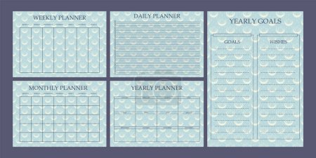 Collection of planner pages design. Daily, weekly, monthly, yearly, and goal planner templates. Blank printable goal setting sheets. Vector template school timetable for students