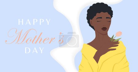Happy Mother's Day simple banner. The girl with flower. Postcard for the holiday Mother's Day. Cartoon flat illustration for international Women's Day. Vector art for web graphic design