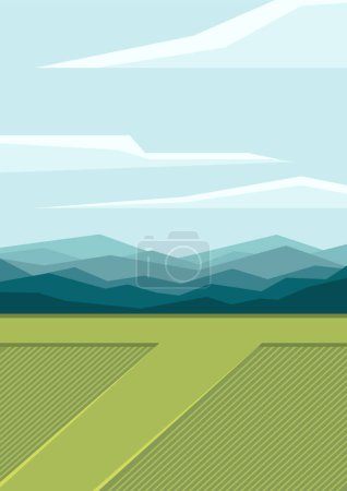 Wheat fields landscape vector illustration. Beautiful summer countryside. Blue hills, cloudy blue sky, farmland background. Springtime panorama flat cartoon style banner.