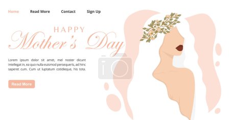 Happy Mother's Day simple banner. The girl in flower wreath Postcard for the holiday. Cartoon flat illustration for international Women's Day. Vector art for web graphic design
