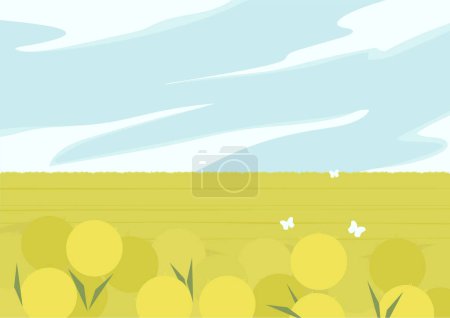 Illustration for Rural landscape scene with dandelion meadow. Skyline with clouds. Alpine Field in flat cartoon style illustration. Spring windy season countryside scenery. Mid century modern minimalist art print. - Royalty Free Image