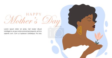 Happy Mother's Day simple banner. The girl with a flower. Postcard for the holiday Mother's Day. Cartoon flat illustration for international Women's Day. Vector art for web graphic design