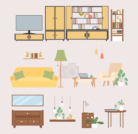 Retro Furniture and home accessories in vintage style. House interior for concept design. Living room with TV set, wall shelf, wardrobe, dining, coffee tables. Background interior.