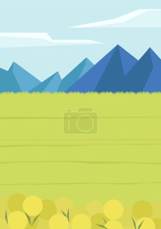 Illustration for Rural landscape scene with spring meadow. Mountains with clouds. Alpine dandelion field in flat cartoon style illustration. Spring windy season countryside scenery. Mid century modern minimalist art print. - Royalty Free Image