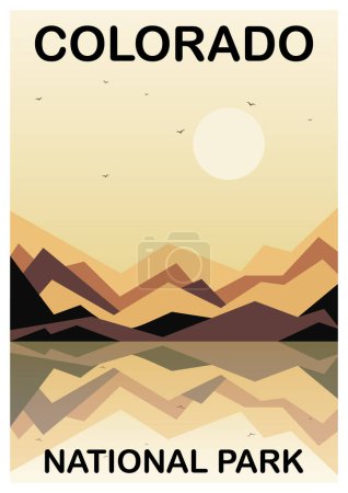 Ilustración del cartel del parque nacional, paisaje salvaje de Colorado. Pájaros voladores en el cielo matutino. Minimalista moderno vector de dibujos animados montañas. Diseño contemporáneo de moda. Decoración de arte de pared.