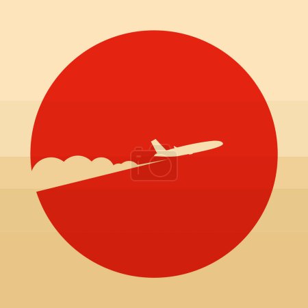 Plane flies in morning sunrise time gradient illustration. An airplane silhouette in the sky with setting sun. Minimalistic background template. Modern art. Childish design for wall art, print and fabric.