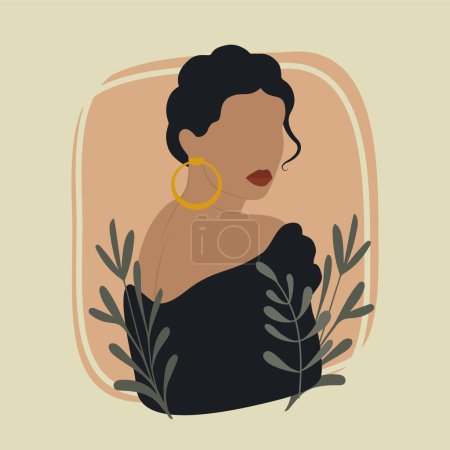Faceless young woman in black dress aesthetic illustration. Aesthetic summer illustration of hispanic lady. Wall fashion decor, contemporary artistic poster. Beautiful bohemian print