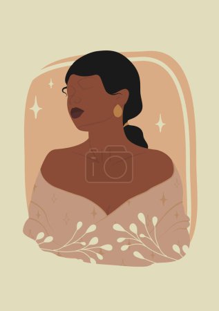 Portrait of black woman summer aesthetic illustration poster. Ethnic tribal black beautiful african american woman. Minimal art of lady with leaves. Wall decor with fashion lady, contemporary artistic poster