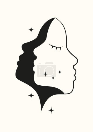 Simple woman dreamy face silhouette art. Vector 2d illustration for logo, branding, beauty salon. Wall fashion decor, contemporary artistic poster. Beautiful bohemian print