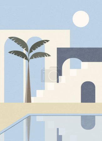 Minimalist cityscape, Moroccan style simple architecture view. Simple staircases, arches, resort place. Vector pool illustration. Boho style artistic design for wall decoration