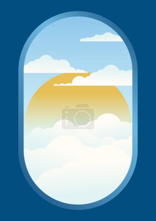 Morning sun among clouds aircraft view illustration. Adventure flat cloudscape art. Trendy contemporary design. Wall art decor. Summer boho vacation wall art.
