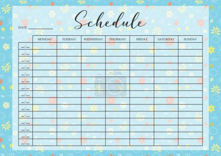 Illustration for Schedule template for study with floral elements. Business organizer paper sheet. Vector template school timetable for students. It can be used for card, cover book, notebook. - Royalty Free Image