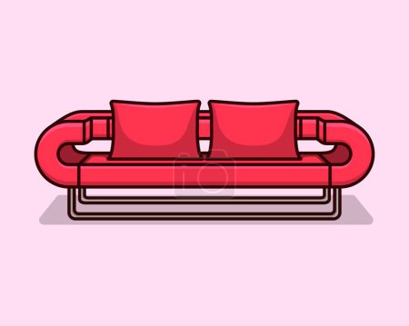 Modisches bequemes, stilvolles rotes Stoffsofa mit grauen Beinen auf rotem Hintergrund mit Schatten. Grünes Interieur, Showroom, Einzelmöbel. Vilyura, Samtsofa. Luxus-Couch Frontansicht