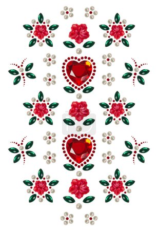 Photo for Romantic applique stickers for Valentine's Day: red crystal hearts, flowers, pearls and rhinestones on white background. Greeting card. Love and romantic concept. - Royalty Free Image