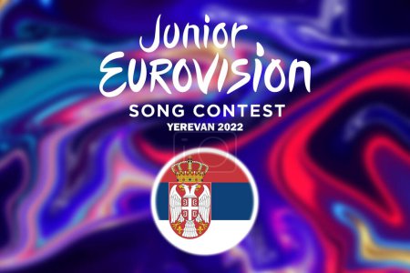 Foto de Junior Eurovisión 2022, Armenio Junior Eurovisión en Ereván, Participante de Serbia fondo Eurovisión con bandera de Serbia. - Imagen libre de derechos
