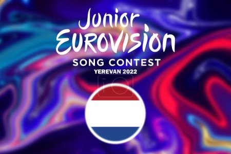 Foto de Junior Eurovision 2022, Armenio Junior Eurovisión en Ereván, Participante de Países Bajos fondo Eurovisión con bandera de Países Bajos. - Imagen libre de derechos