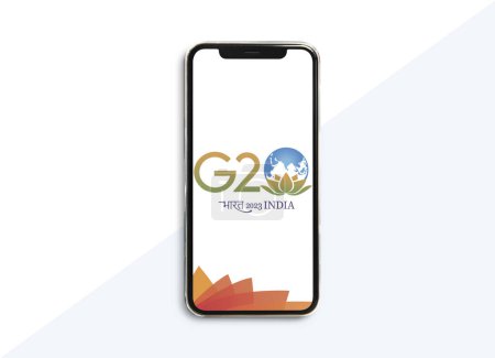 Photo for G20 India banner, Twenty members of the G20, banner G20 2023 colors Showing on Mobiles Screen, Smartphone screen displaying. - Royalty Free Image