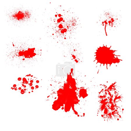 Realistic blood isolated on white background. Drops of blood and splashes of a collection of 9 pieces