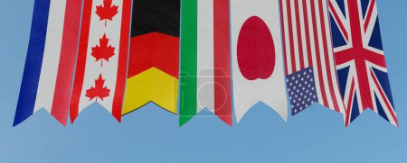 G7-Gipfel. Flaggen von Mitgliedern der siebenköpfigen G7-Gruppe und einer Länderliste, der siebenköpfigen Gruppe. 3D Illustration und 3D Arbeit
