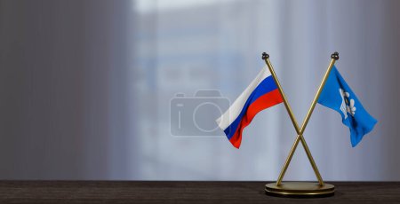 Photo for Russia and Commonwealth of Independent States flags on table. Negotiation between CIS and Russia. on little blur background. 3D work and 3D image - Royalty Free Image