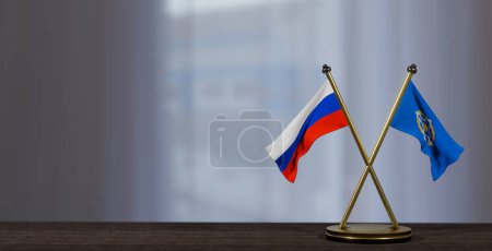 Téléchargez les photos : Russie et drapeaux de l'OTSC sur la table. Négociation entre ODKB et la Russie. sur fond flou. Travail 3D et image 3D - en image libre de droit