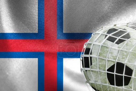 UEFA EURO 2024 Fútbol, Islas Feroe Bandera nacional con una pelota de fútbol en red, trabajo 3D e imagen 3D. Ereván, Armenia - 2023 Abril 03