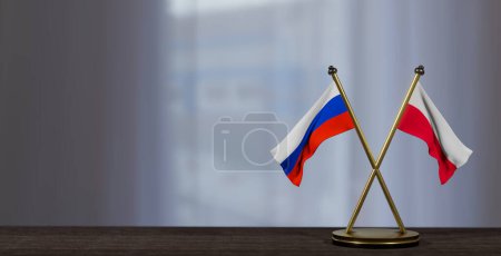 Téléchargez les photos : Russie et Pologne drapeaux sur la table. Négociation entre la Pologne et la Russie sur fond flou. Travail 3D et image 3D - en image libre de droit