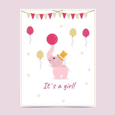 Illustration for Postcard baby shower is a girl with a cartoon elephant. Vector - Royalty Free Image