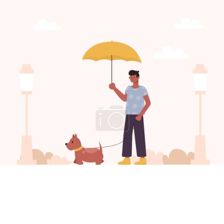 Mes de paseos de perros. Un hombre con un paraguas bajo la lluvia paseando con un perro.