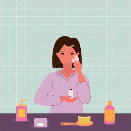 Illustration for Woman in the bath is applying serum and doing massage. Vector - Royalty Free Image