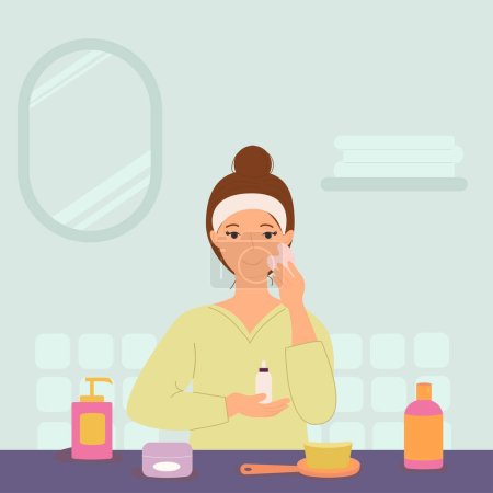 Illustration for Woman in bath applying serum and doing massage with scraper. - Royalty Free Image