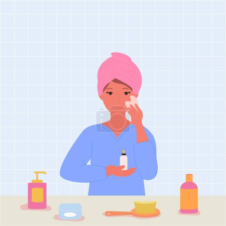 Illustration for A woman in a bath applies a serum and does a massage. - Royalty Free Image