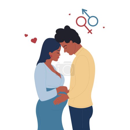 Illustration for Pregnant black African American woman and man holding, touching belly. Boy or girl. - Royalty Free Image
