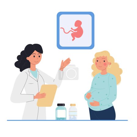 Ilustración de Mujer embarazada en la recepción de un ginecólogo, doctor. Medicamentos - Imagen libre de derechos