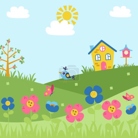 Téléchargez les illustrations : Hand-drawn spring, summer landscape. Spring time landscape background with flowers, birds - en licence libre de droit