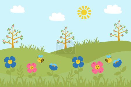 Illustration for Hand-drawn spring landscape. Spring time landscape background with flowers, bees - Royalty Free Image