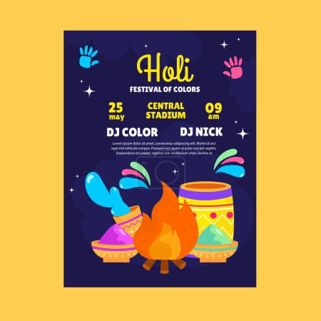 Illustration for Poster, flyer Holi festival with colors, fire. Vector - Royalty Free Image