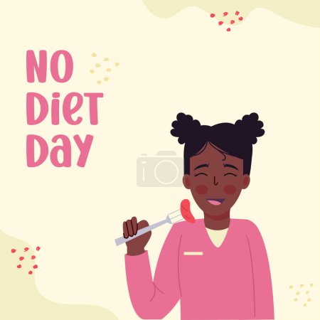 Ilustración de Ningún día de dieta. Mujer afroamericana comiendo alimentos poco saludables - Imagen libre de derechos