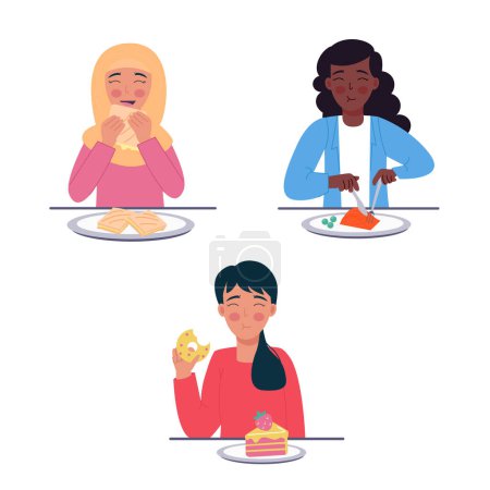 Ilustración de Mujeres multinacionales afroamericanas, mujer musulmana hiyab comiendo diferentes alimentos - Imagen libre de derechos