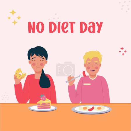 Ilustración de Ningún día de dieta. Un hombre y una mujer comiendo alimentos poco saludables - Imagen libre de derechos