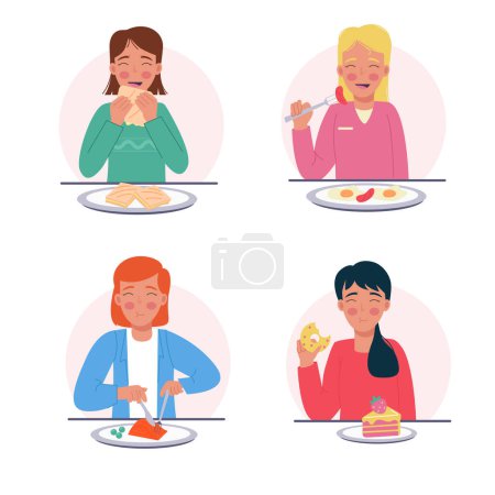 Ilustración de Un conjunto de mujeres que comen diferentes alimentos en un estilo plano - Imagen libre de derechos