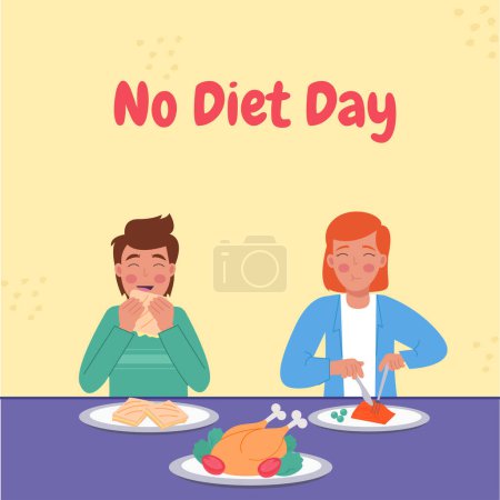 Ilustración de Ningún día de dieta. Un hombre y una mujer en una mesa comiendo comida - Imagen libre de derechos