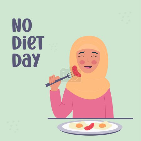 Ilustración de Ningún día de dieta. Mujer en hiyab comiendo alimentos poco saludables - Imagen libre de derechos