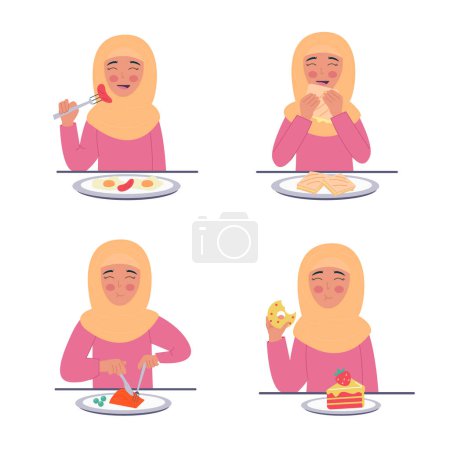 Ilustración de Conjunto de mujer en hijab comiendo diferentes alimentos en estilo plano - Imagen libre de derechos