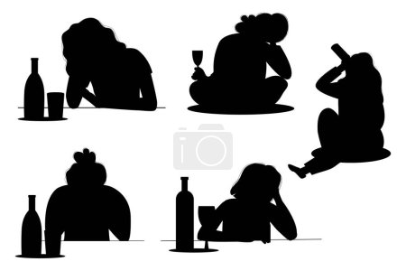 Téléchargez les illustrations : Femme alcoolisme silhouette concept femme assise avec bouteille d'alcool - en licence libre de droit