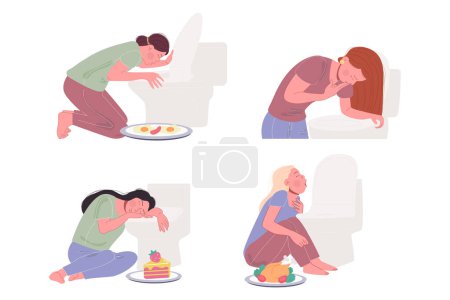 Trastorno alimentario por bulimia. Ilustración de una persona cerca de un inodoro