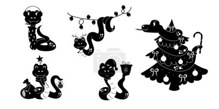 Set cartoon silhouette character christmas snake hand drawn